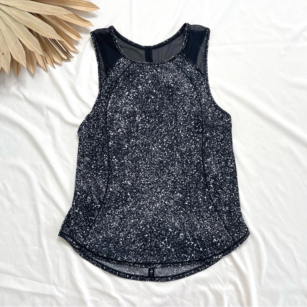Lululemon Athletica Sculpt Splatter White Black Paint Spots Mesh Tank Top Size